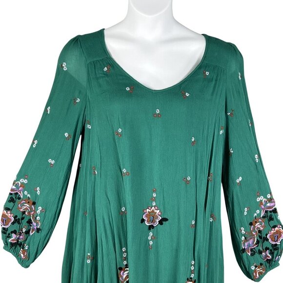 Free People Womens L Green Gauzy Dress Embroidered Boho Hippie Cottagecore Flowy - Picture 7 of 16